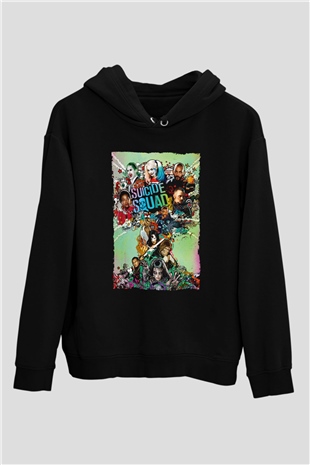 Unisex The Suicide Squad İntihar Timi (The Suicide Squad) Baskılı Siyah Kapüşonlu Sweatshirt