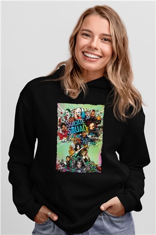 Unisex The Suicide Squad İntihar Timi (The Suicide Squad) Baskılı Siyah Kapüşonlu Sweatshirt