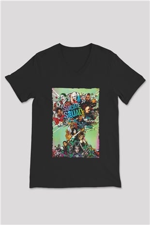 Unisex The Suicide Squad İntihar Timi (The Suicide Squad) Baskılı Siyah V Yaka Tshirt