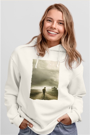 Unisex The Walking Dead Baskılı Beyaz Kapüşonlu Sweatshirt