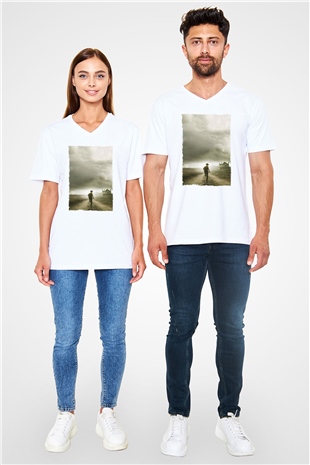 Unisex The Walking Dead Baskılı Beyaz V Yaka Tişört