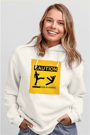 Unisex This is Sparta Baskılı Beyaz Kapüşonlu Sweatshirt