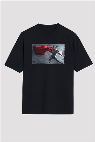 Unisex Thor The Dark World Baskılı Siyah Oversize Tshirt