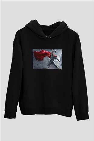 Unisex Thor The Dark World Baskılı Siyah Kapüşonlu Sweatshirt