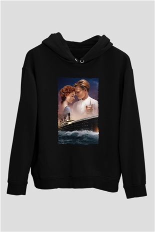 Unisex Titanic Baskılı Siyah Kapüşonlu Sweatshirt