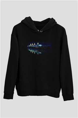 Unisex Titanic Baskılı Siyah Kapüşonlu Sweatshirt
