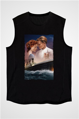 Unisex Titanic Baskılı Siyah Kolsuz T-shirt