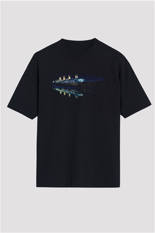 Unisex Titanic Baskılı Siyah Oversize Tişört