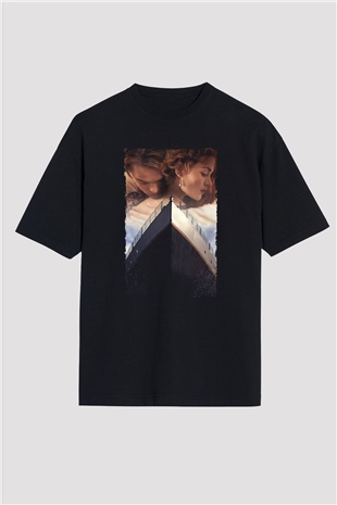 Unisex Titanic Baskılı Siyah Oversize Tshirt