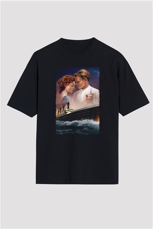 Unisex Titanic Baskılı Siyah Oversize T-shirt