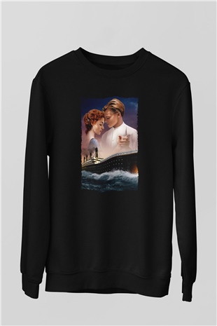Unisex Titanic Baskılı Siyah Sweatshirt