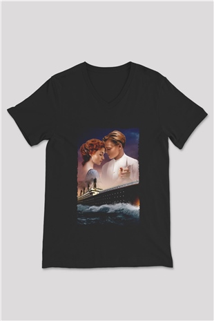 Unisex Titanic Baskılı Siyah V Yaka T-shirt