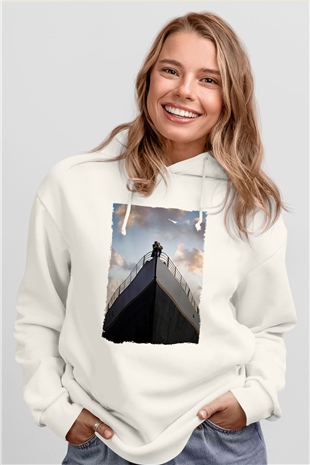 Unisex Titanik Baskılı Beyaz Kapüşonlu Sweatshirt