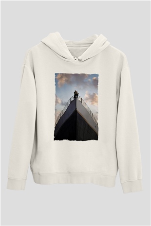 Unisex Titanik Baskılı Beyaz Kapüşonlu Sweatshirt
