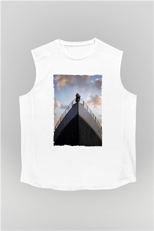 Unisex Titanik Baskılı Beyaz Kolsuz T-shirt
