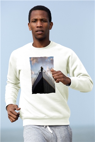 Unisex Titanik Baskılı Beyaz Sweatshirt