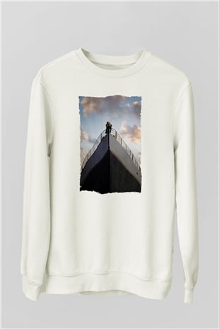 Unisex Titanik Baskılı Beyaz Sweatshirt