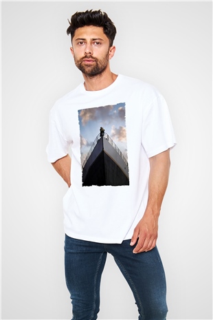 Unisex Titanik Baskılı Beyaz Oversize T-shirt