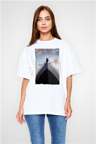 Unisex Titanik Baskılı Beyaz Oversize T-shirt