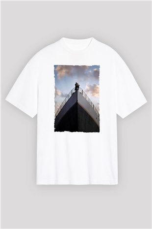Unisex Titanik Baskılı Beyaz Oversize T-shirt