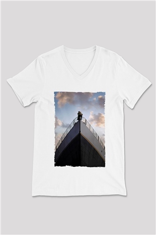 Unisex Titanik Baskılı Beyaz V Yaka T-shirt