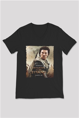 Unisex Titanların Öfkesi (Wrath of the Titans) Baskılı Siyah V Yaka Tshirt