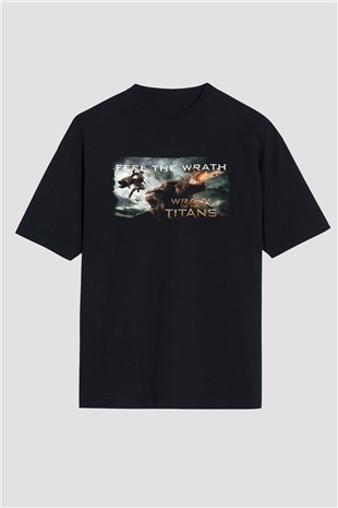 Unisex Titanların Öfkesi (Wrath of the Titans) Baskılı Siyah Oversize Tişört