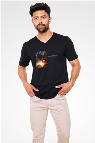 Unisex Transformers 2 Baskılı Siyah V Yaka Tshirt