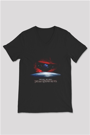 Unisex Transformers 3 Baskılı Siyah V Yaka T-shirt