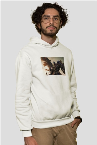 Unisex Transformers Baskılı Beyaz Kapüşonlu Sweatshirt
