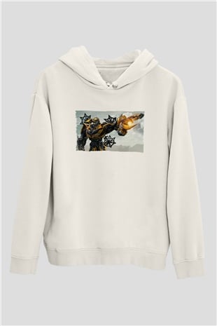 Unisex Transformers Baskılı Beyaz Kapüşonlu Sweatshirt