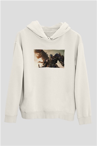 Unisex Transformers Baskılı Beyaz Kapüşonlu Sweatshirt
