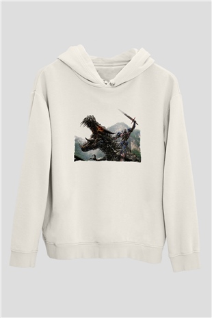 Unisex Transformers Baskılı Beyaz Kapüşonlu Sweatshirt