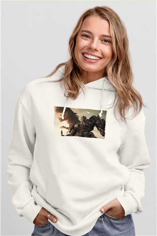 Unisex Transformers Baskılı Beyaz Kapüşonlu Sweatshirt