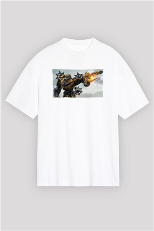 Unisex Transformers Baskılı Beyaz Oversize Oversize T-shirt