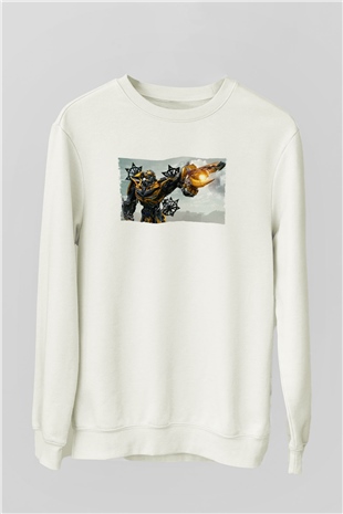 Unisex Transformers Baskılı Beyaz Sweatshirt