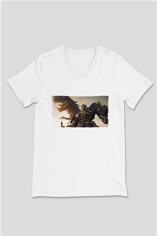 Unisex Transformers Baskılı Beyaz V Yaka Tişört