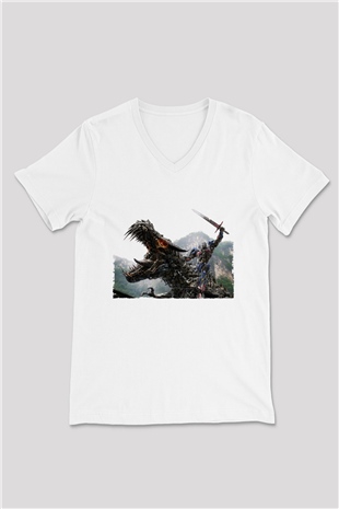 Unisex Transformers Baskılı Beyaz V Yaka T-shirt
