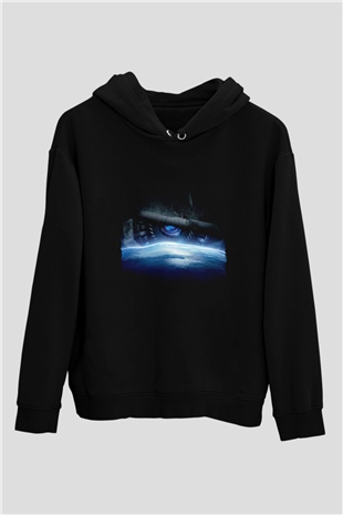 Unisex Transformers Baskılı Siyah Kapüşonlu Sweatshirt