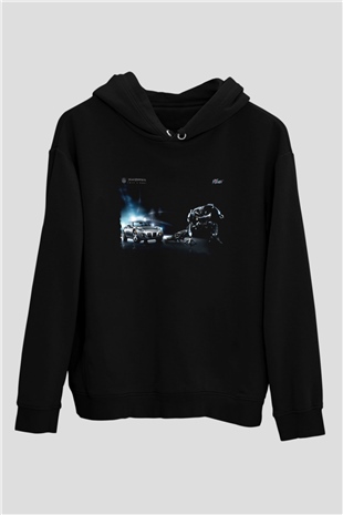 Unisex Transformers Baskılı Siyah Kapüşonlu Sweatshirt