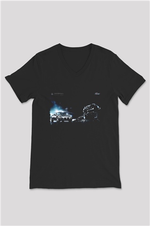 Unisex Transformers Baskılı Siyah V Yaka Tshirt