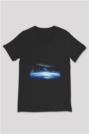 Unisex Transformers Baskılı Siyah V Yaka Tişört