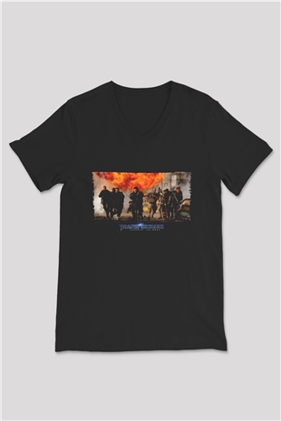 Unisex Transformers Baskılı Siyah V Yaka T-shirt