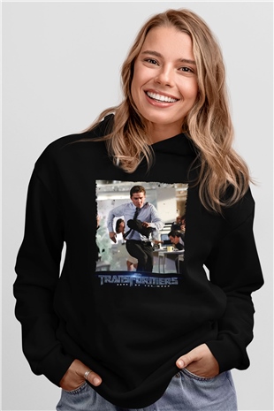 Unisex Transformers Dark of the Moon Baskılı Siyah Kapüşonlu Sweatshirt
