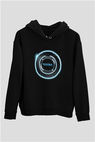 Unisex Tron Baskılı Siyah Kapüşonlu Sweatshirt