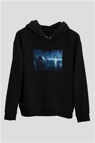 Unisex Tron Baskılı Siyah Kapüşonlu Sweatshirt