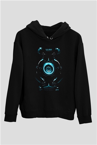 Unisex Tron Baskılı Siyah Kapüşonlu Sweatshirt