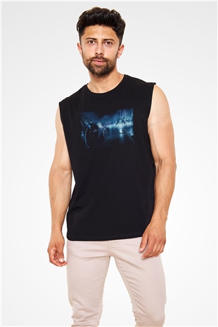 Unisex Tron Baskılı Siyah Kolsuz T-shirt
