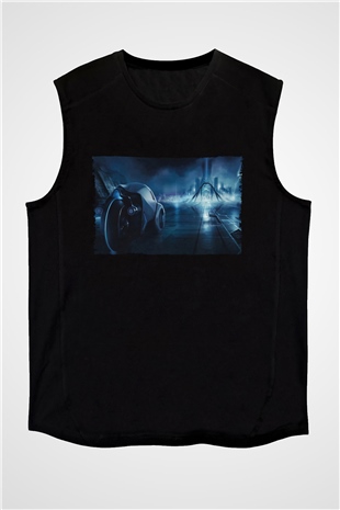 Unisex Tron Baskılı Siyah Kolsuz T-shirt