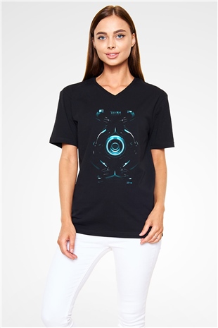 Unisex Tron Baskılı Siyah V Yaka Tişört